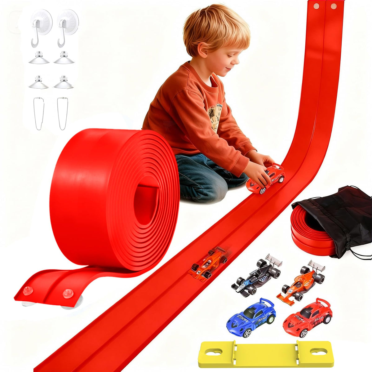 Vlkslasy 20ft flexible race track laid out on a table for imaginative speed play.