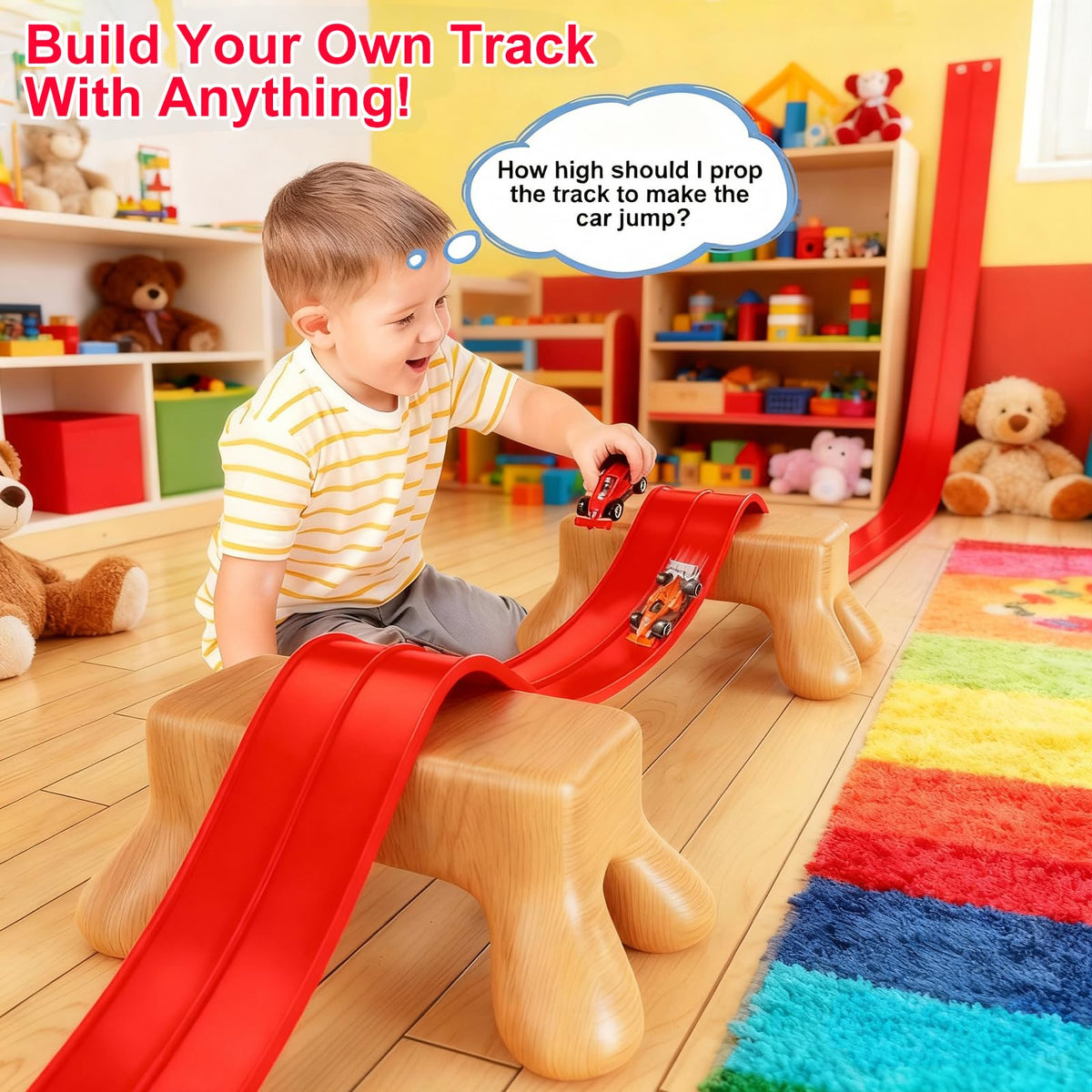Vlkslasy kids build a DIY track on a table for hands-on fun.