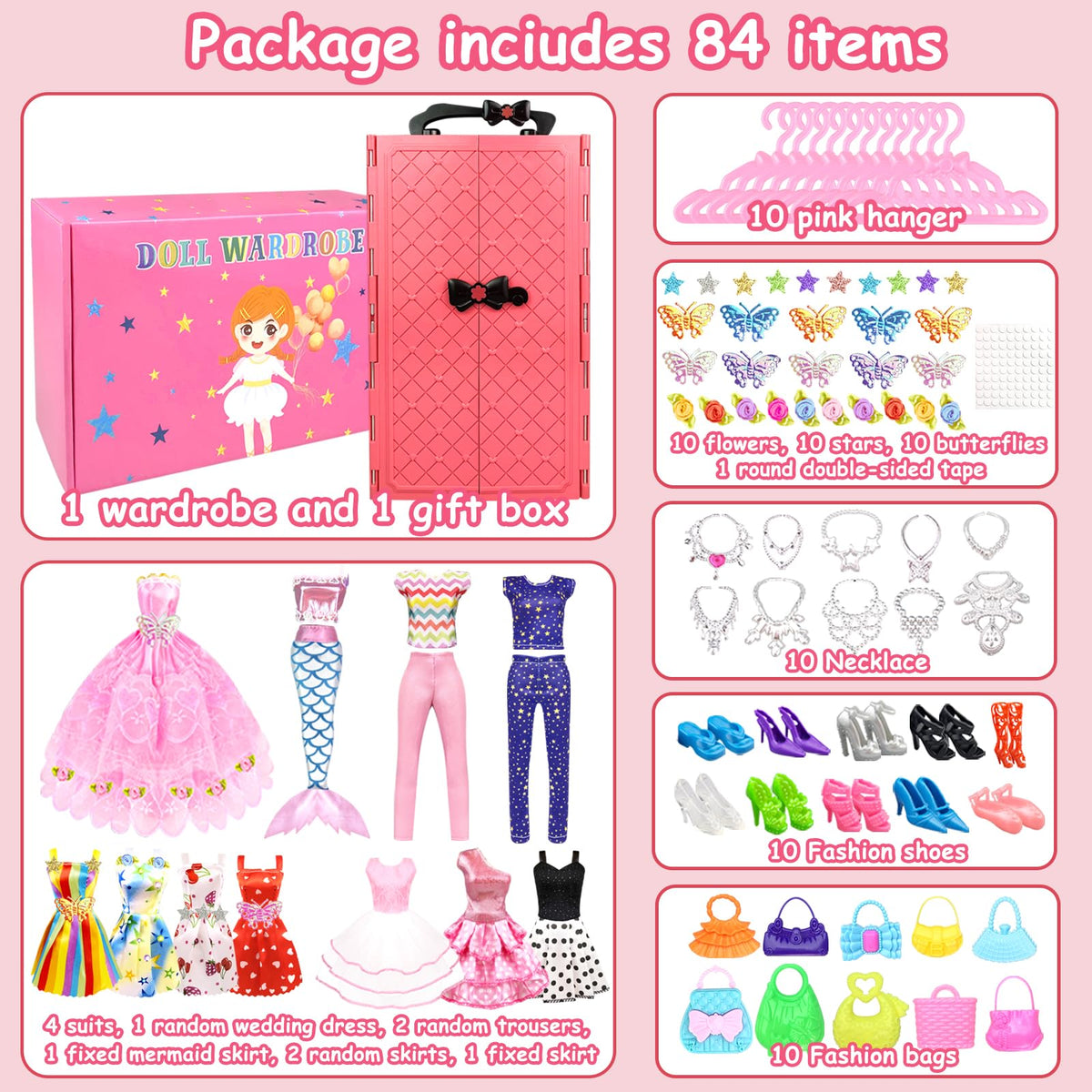 VLUSSO 84-pack doll closet with party dress for creative styling