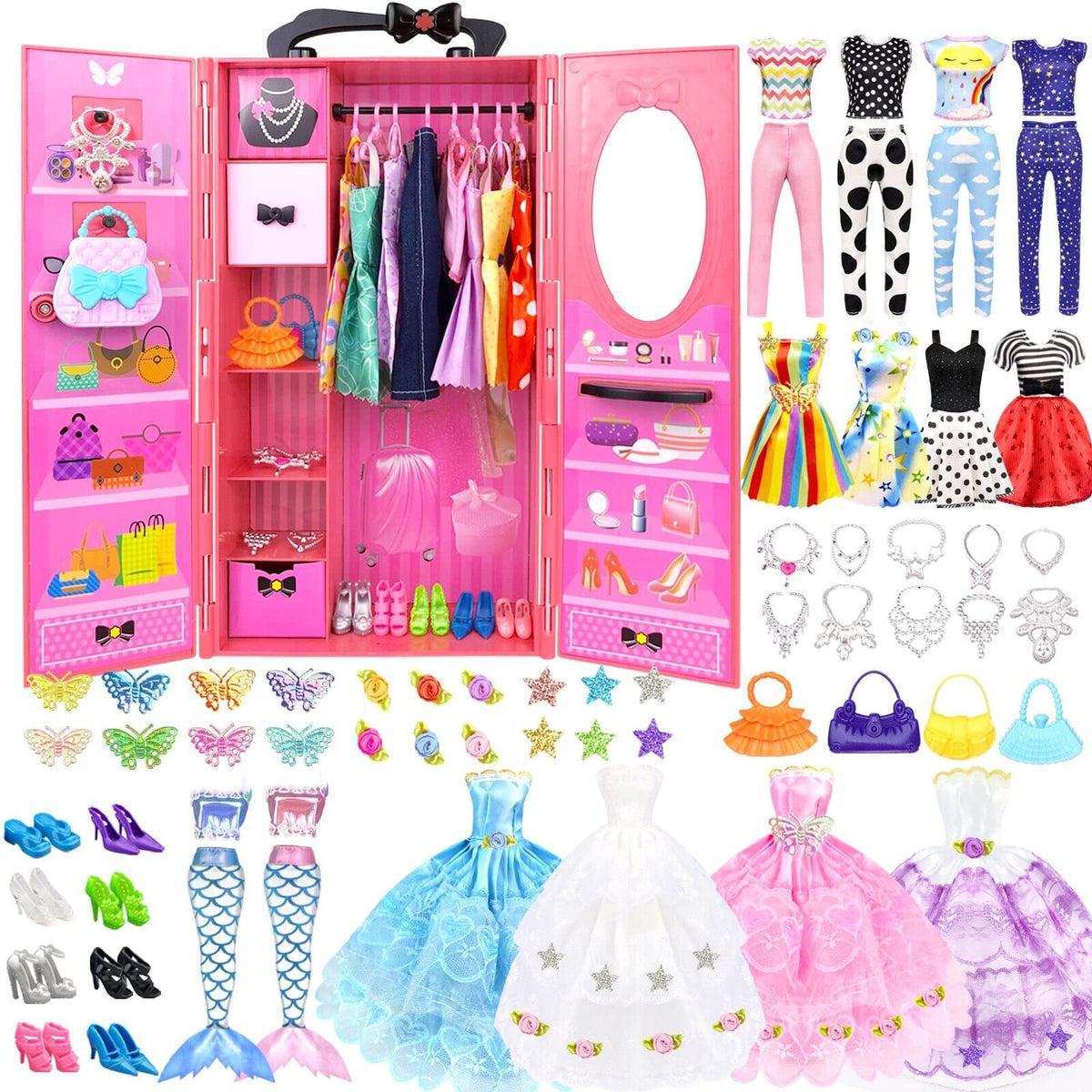 VLUSSO 84-pack doll closet with wedding dress for organized play