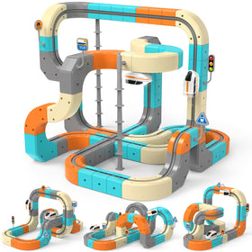 VNAKIO electric train set assembly demonstrates modular 3D track design for creative STEM play.