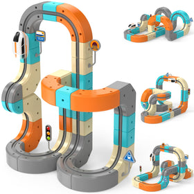 VNAKIO electric train set assembly shows modular tracks for imaginative play