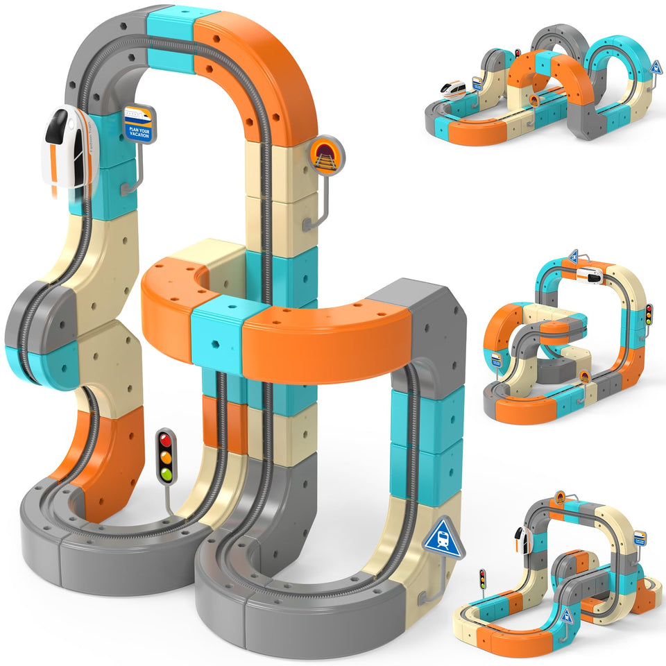 VNAKIO electric train set assembly shows modular tracks for imaginative play