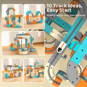 VNAKIO track bridges and curves enable vertical layouts for adventurous play.