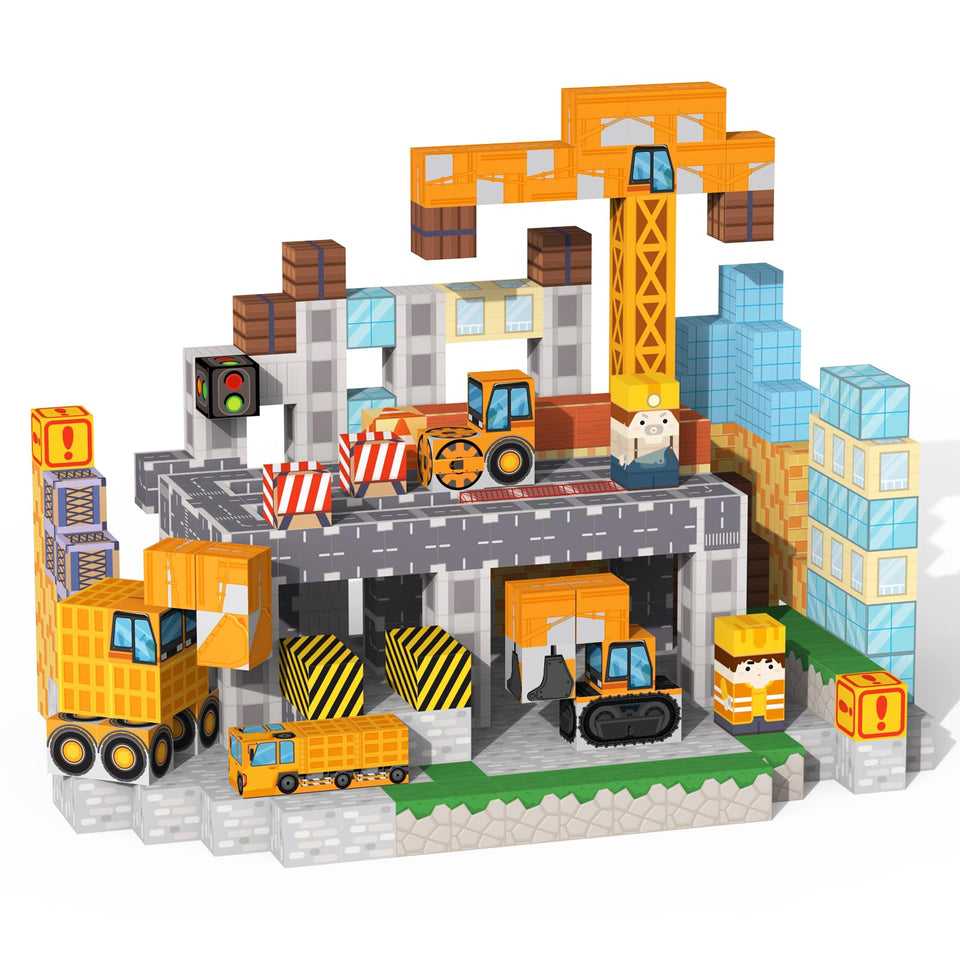 VNLINA Magnetic Blocks 154pcs construction site setup boosts creativity and fine motor skills.