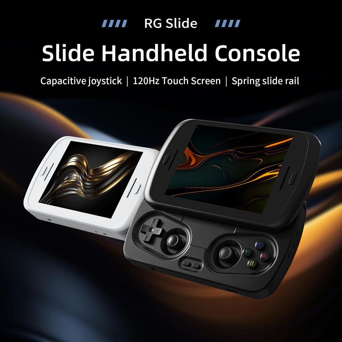Voacle Anbernic RG Slide side tilt highlights slim profile and comfortable grip.