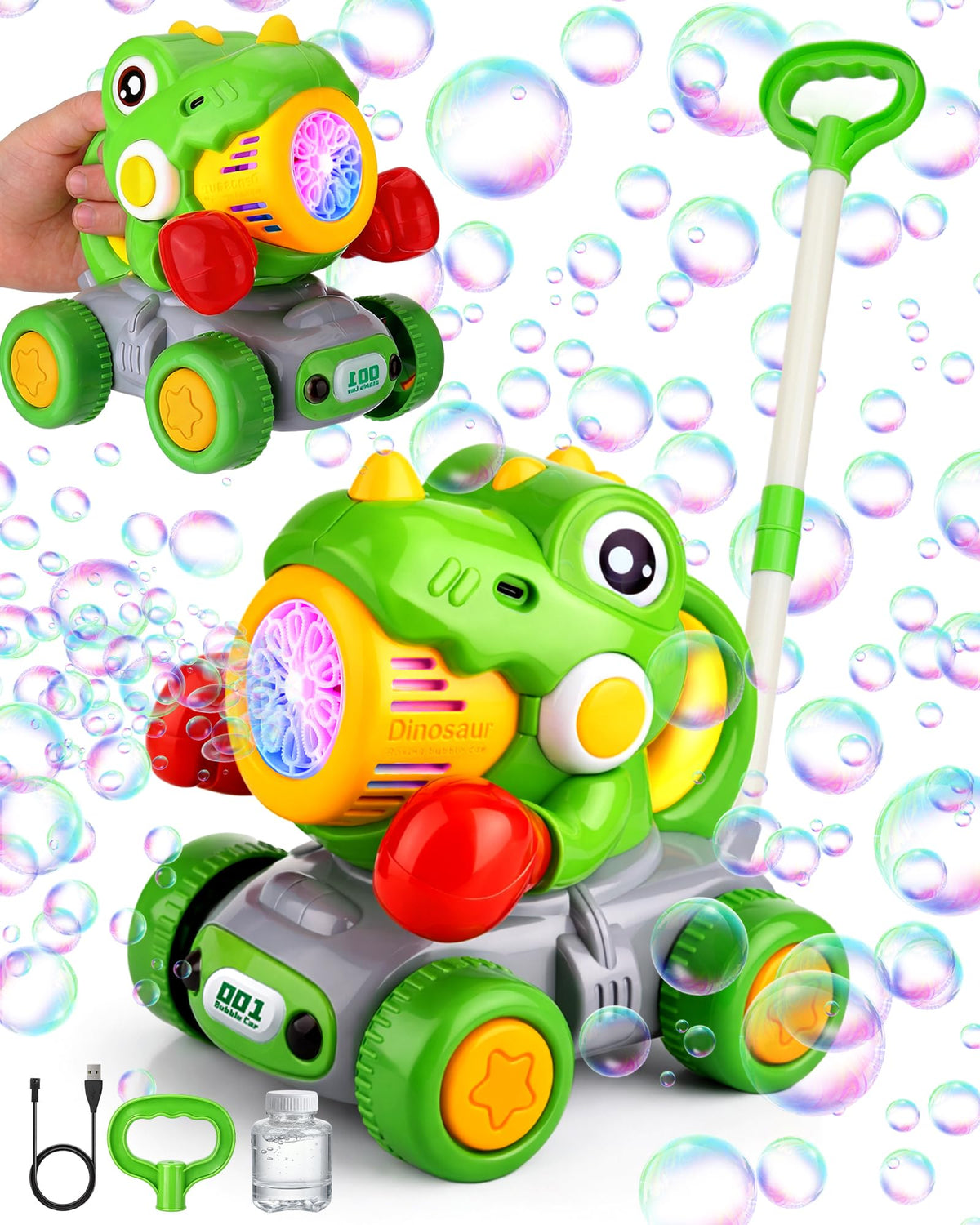 Vodolo Dinosaur Lawn Mower bubble toy creates endless bubbles for outdoor play.
