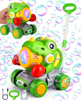 Vodolo Dinosaur Lawn Mower bubble toy creates endless bubbles for outdoor play.