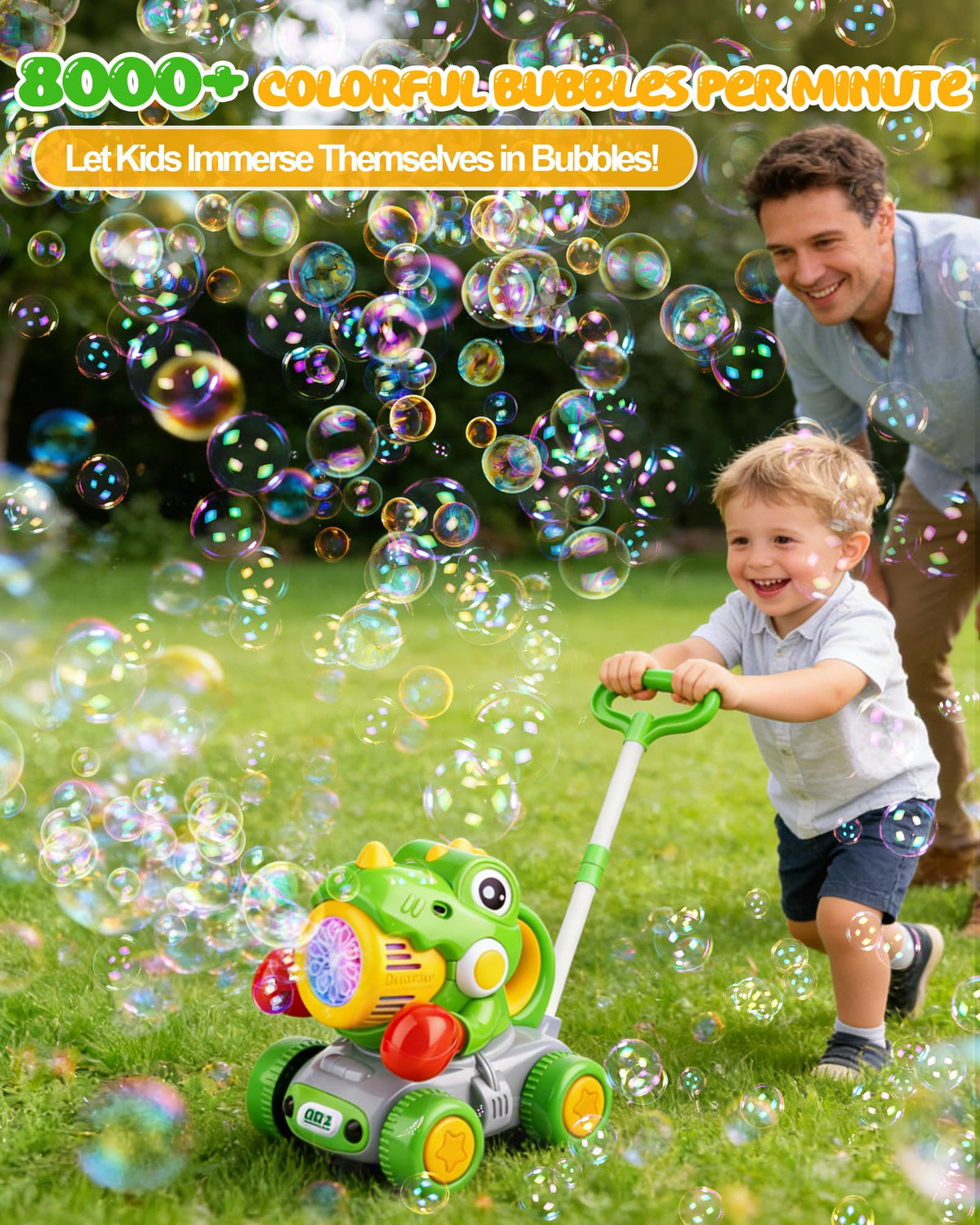 Vodolo Dinosaur Lawn Mower stroller mode helps toddlers explore safely with bubbles.