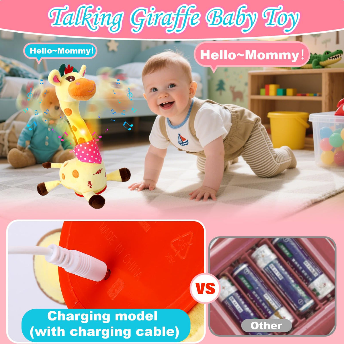 Clear speaker and adjustable volume on the Vodolo giraffe toy.