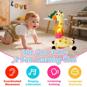 Soft plush Vodolo giraffe toy provides a cuddly bedtime companion.
