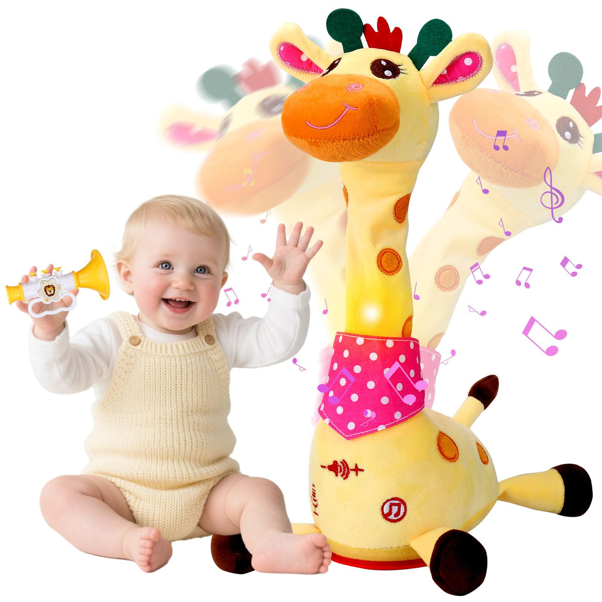 Vodolo talking giraffe toy with 60 songs promotes interactive language play.