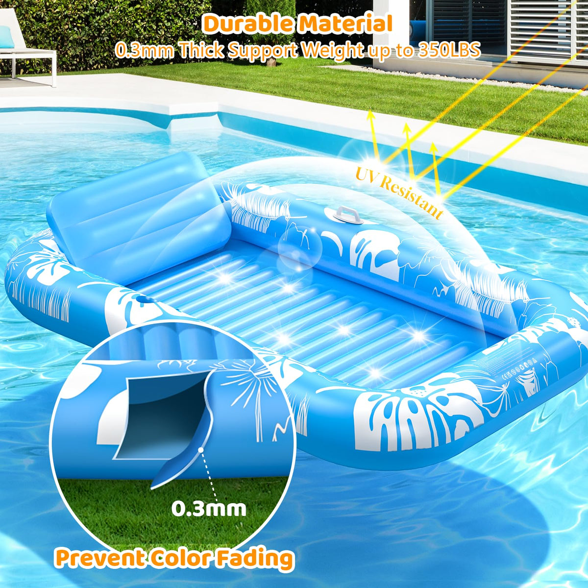 Voice-tank all-in-one tanning mat and pool float for versatile fun.