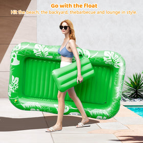 Voice-tank sunbathing pool float showing built-in cup holders for drinks
