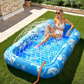 Voice-tank inflatable tanning pool lounger with sprinkler for cooling days.