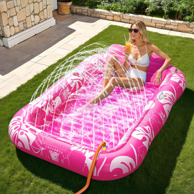 Voice-tank inflatable tanning pool lounger with sprinkler feature for cooling.