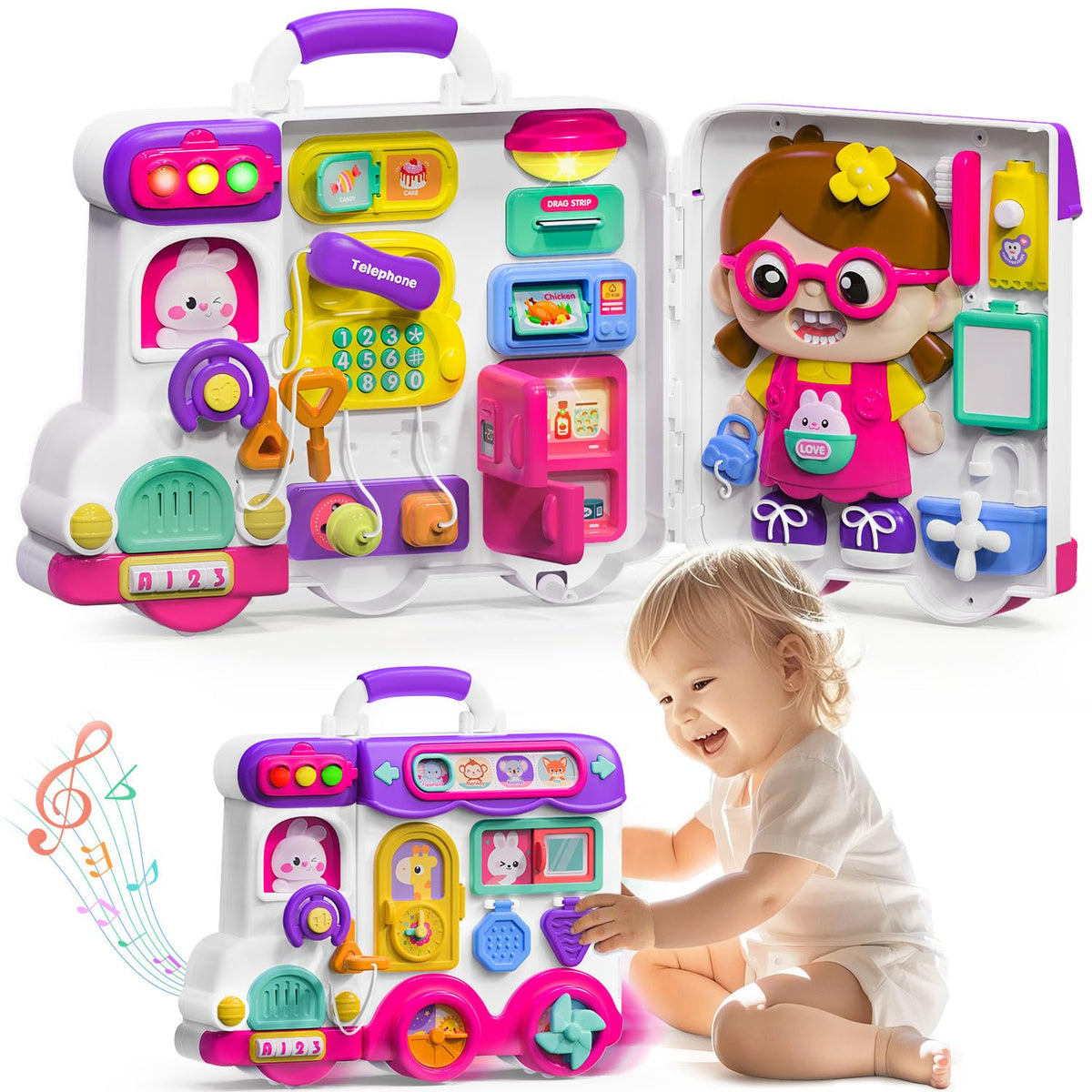 VOILBTOY Busy Board with colorful buttons and wheels for curious toddlers.