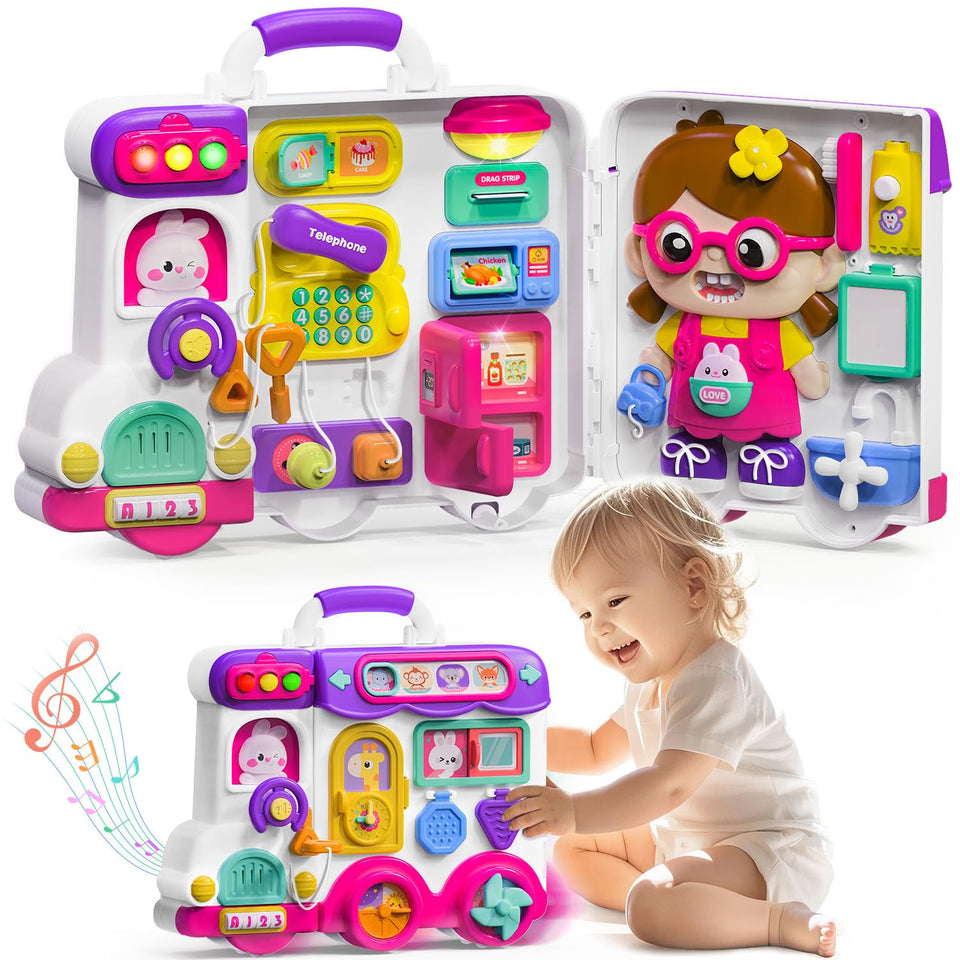 VOILBTOY Busy Board with colorful buttons and wheels for curious toddlers.
