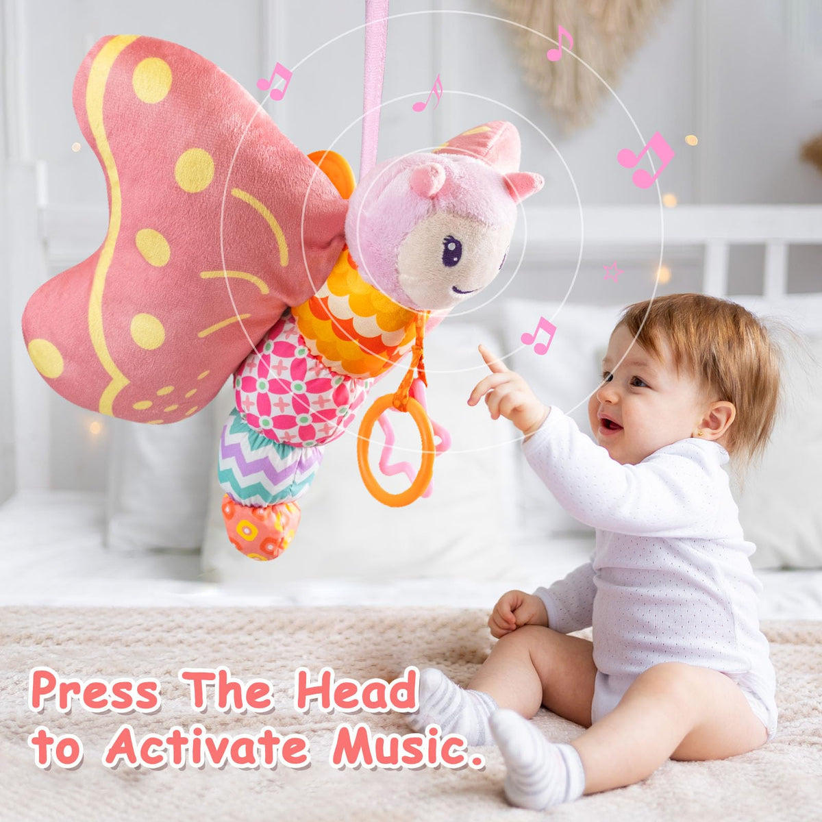 VOILBTOY butterfly hanging ring helps stroller or crib portability.