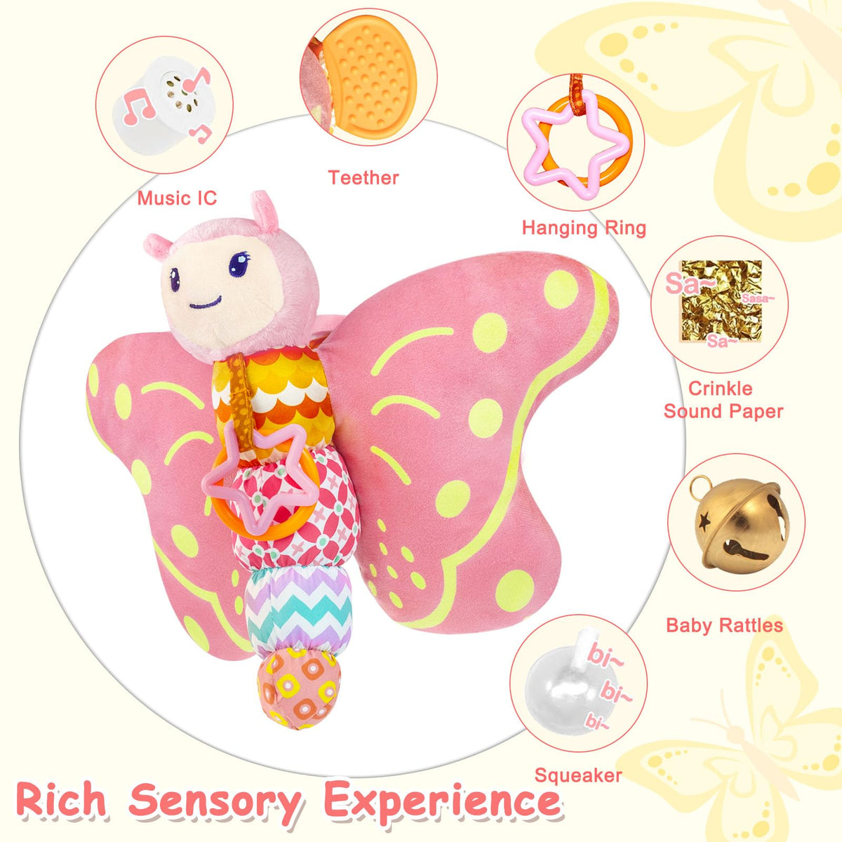 VOILBTOY butterfly head music IC engages baby with gentle 15-second tunes.