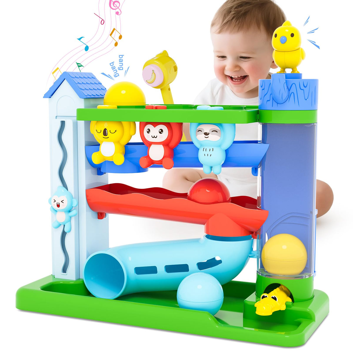 VOILBTOY musical ball-drop toy monkey track lights up to boost hand-eye coordination.