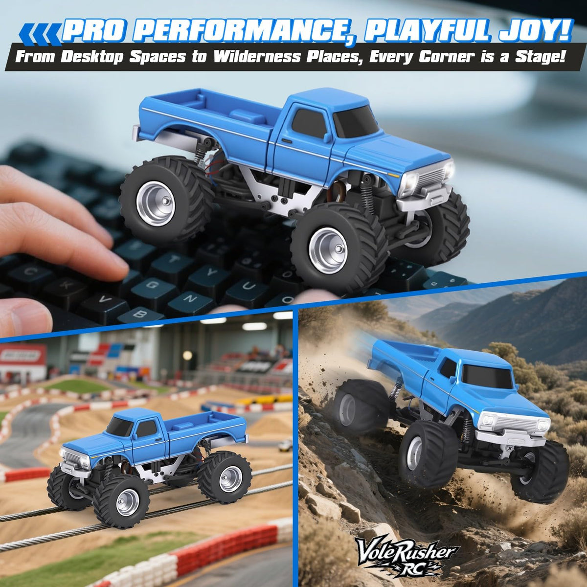 VoleRusher RC 4WD blue compact scale suited for storage.