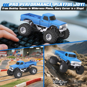 VoleRusher RC 4WD blue compact scale suited for storage.
