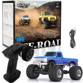 VoleRusher RC 4WD blue front view, compact 1/36 scale for versatile play indoor and outdoor.