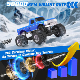 VoleRusher RC 4WD blue LED lights for night driving.