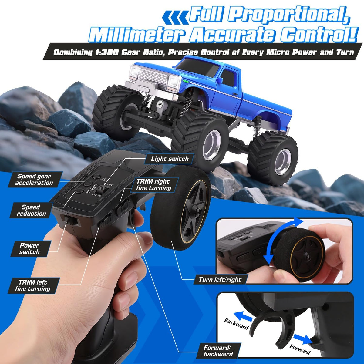 VoleRusher RC 4WD blue proportional controls for smooth steering.