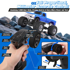 VoleRusher RC 4WD blue proportional controls for smooth steering.