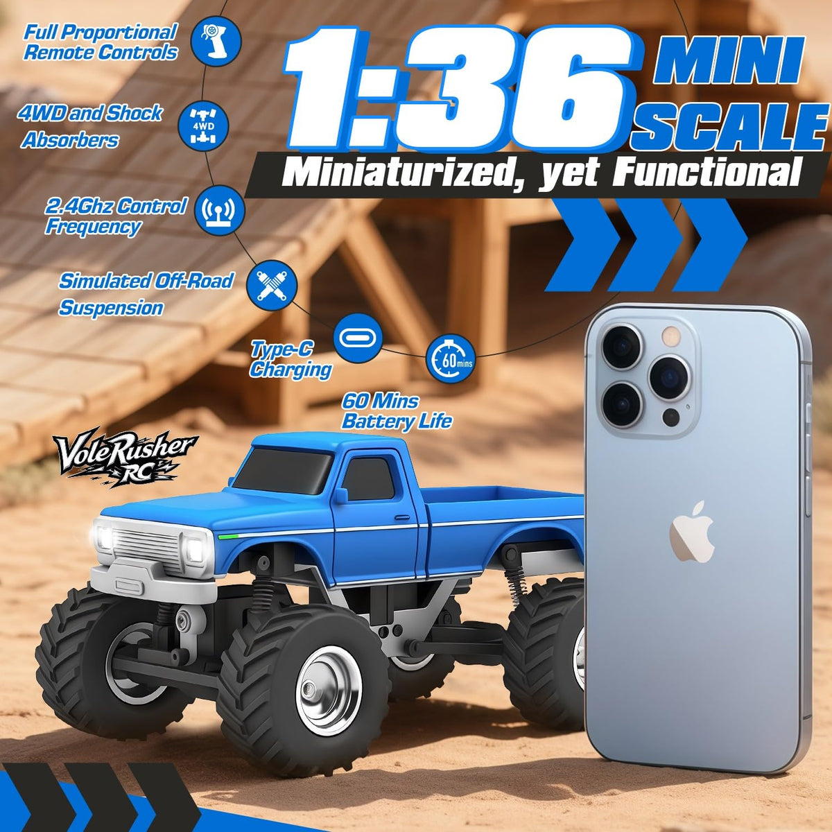 VoleRusher RC 4WD blue rear view highlighting sturdy off-road stance.