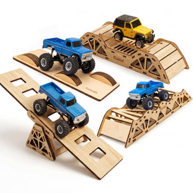 VoleRusher RC wooden track set on display, rugged for home off-road practice.