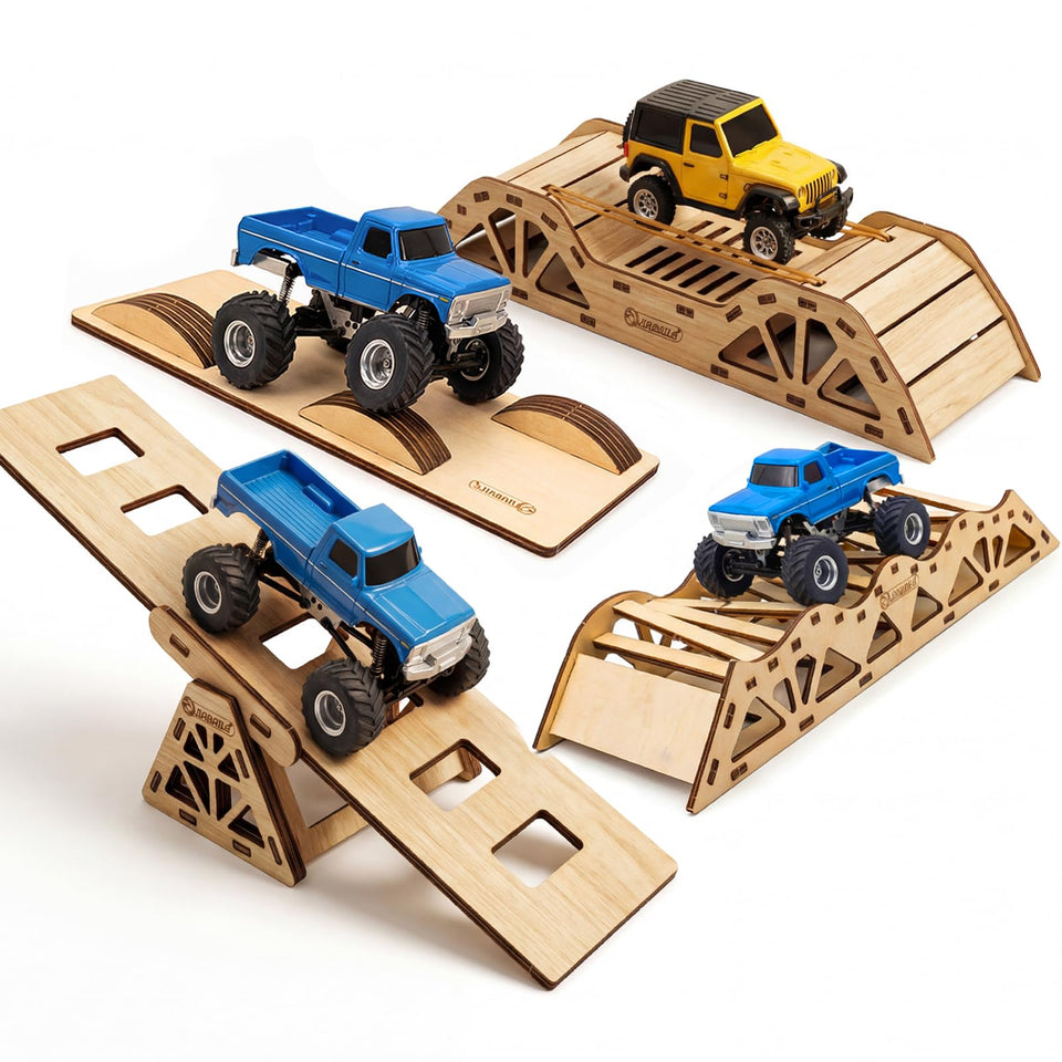 VoleRusher RC wooden track set on display, rugged for home off-road practice.