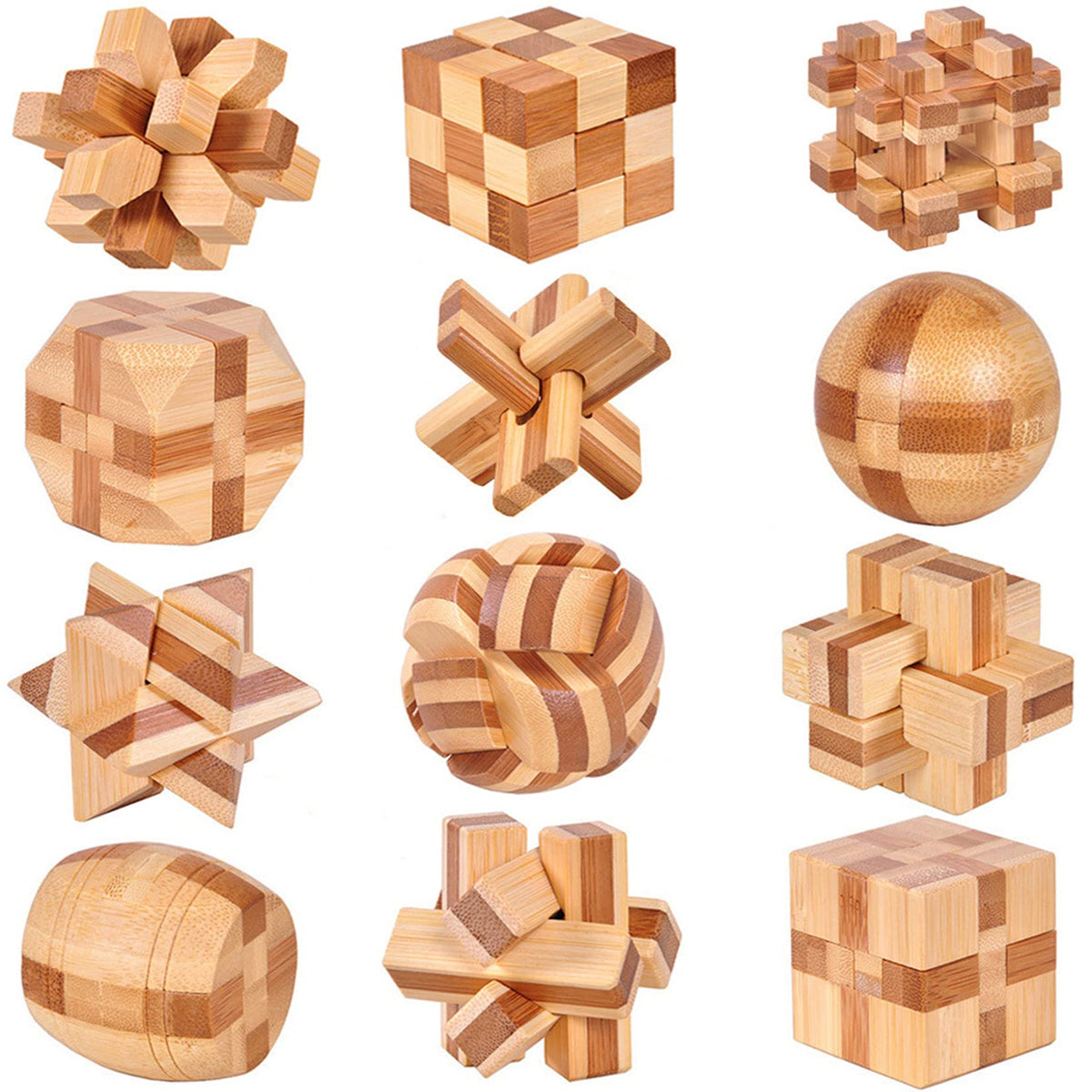 VolksRose wooden brain teaser puzzles 12pcs — a stimulating portable challenge for on-the-go solving.