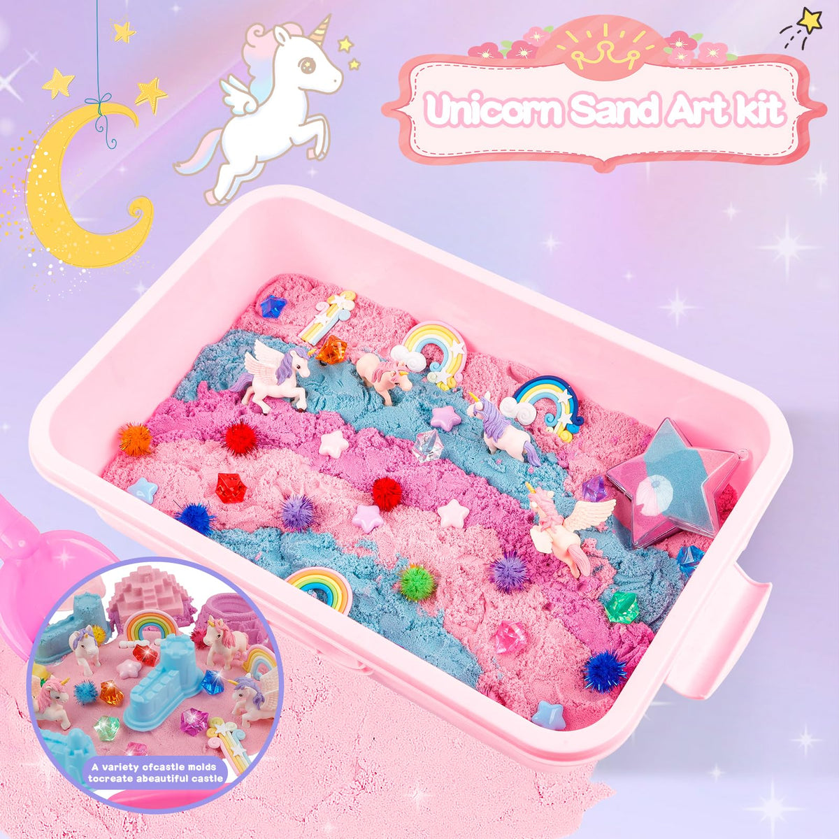 Volmop Unicorn Sensory Bin with colorful sand packs for creativity.