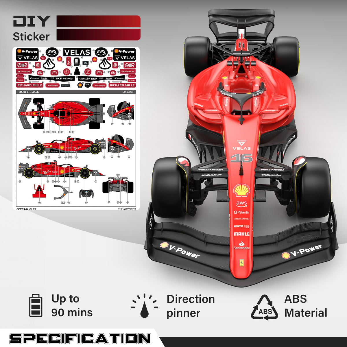 Voltz Toys Ferrari F1 75 rearview-mirror adds realism for lifelike race setups.