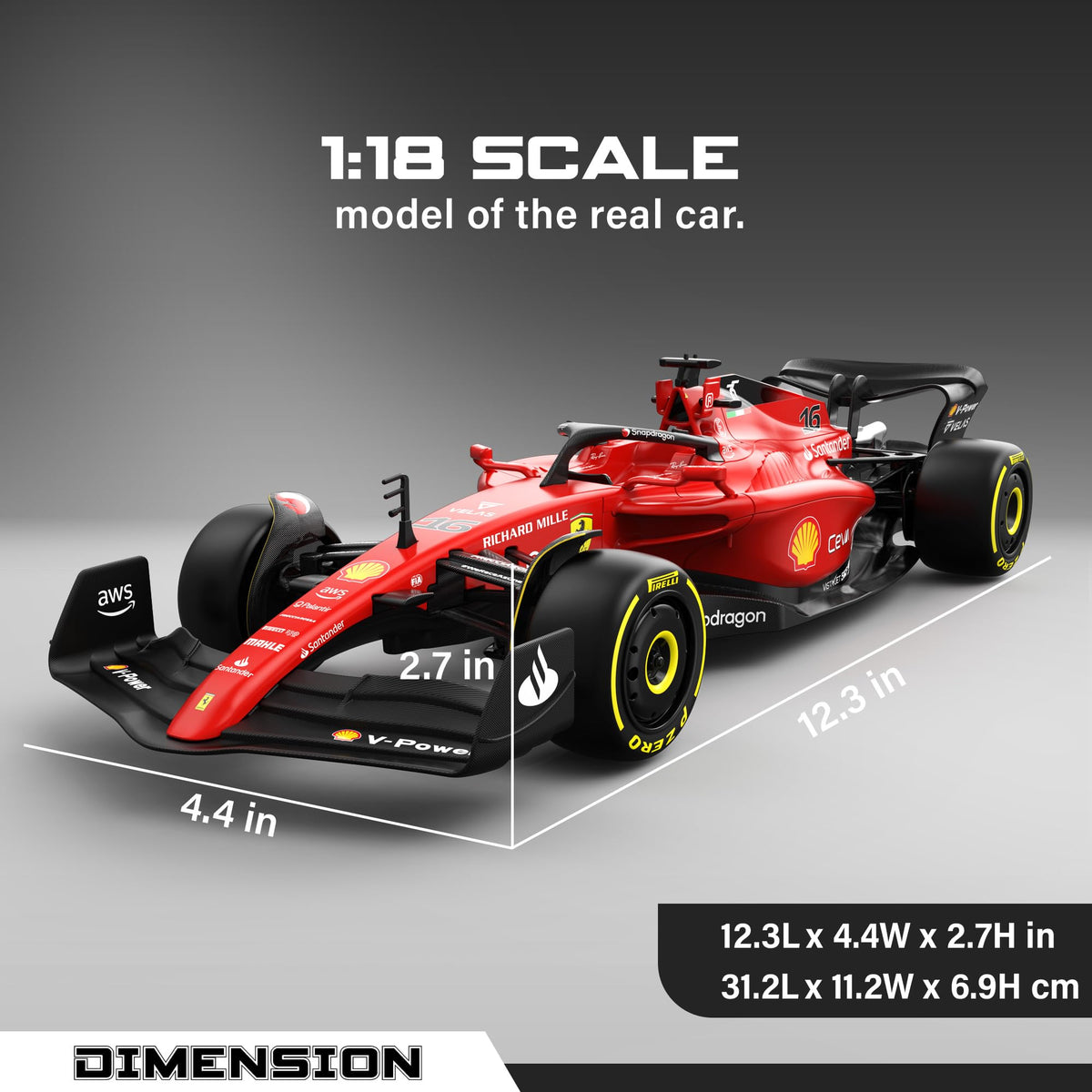 Voltz Toys Ferrari F1 75 wheels highlight grip tires for improved handling on smooth surfaces.