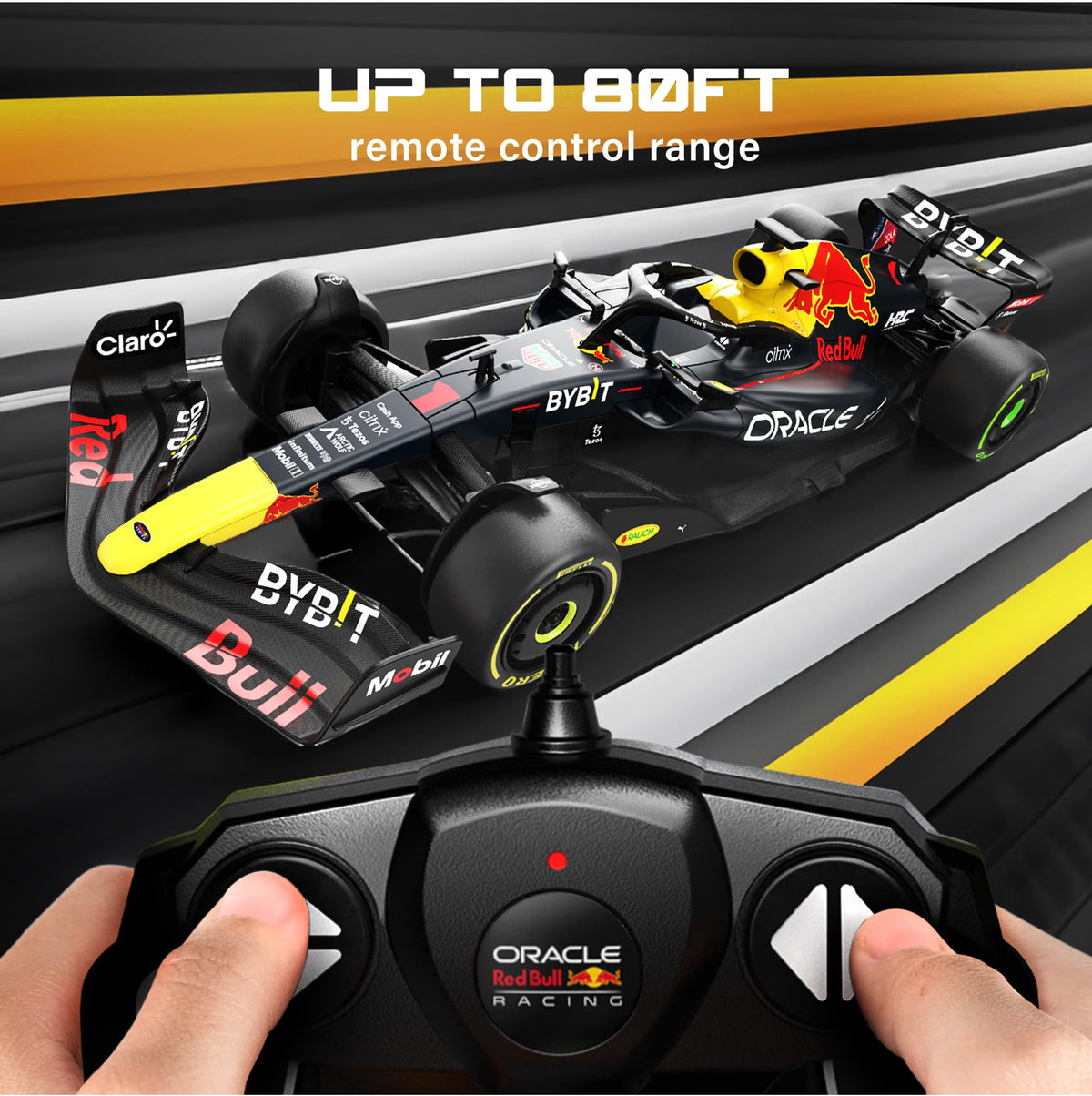 Voltz Toys RedBull RB18 RC car left side profile, compact scale replica for display.