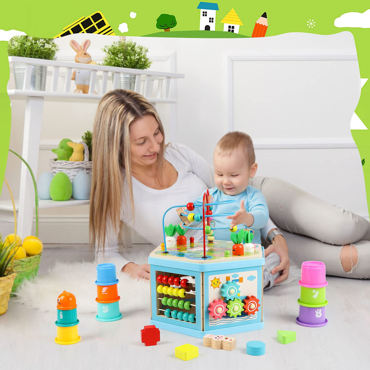 Vomocent wooden activity cube bead maze close-up enhancing hand–eye coordination