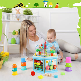 Vomocent wooden activity cube bead maze close-up enhancing hand–eye coordination
