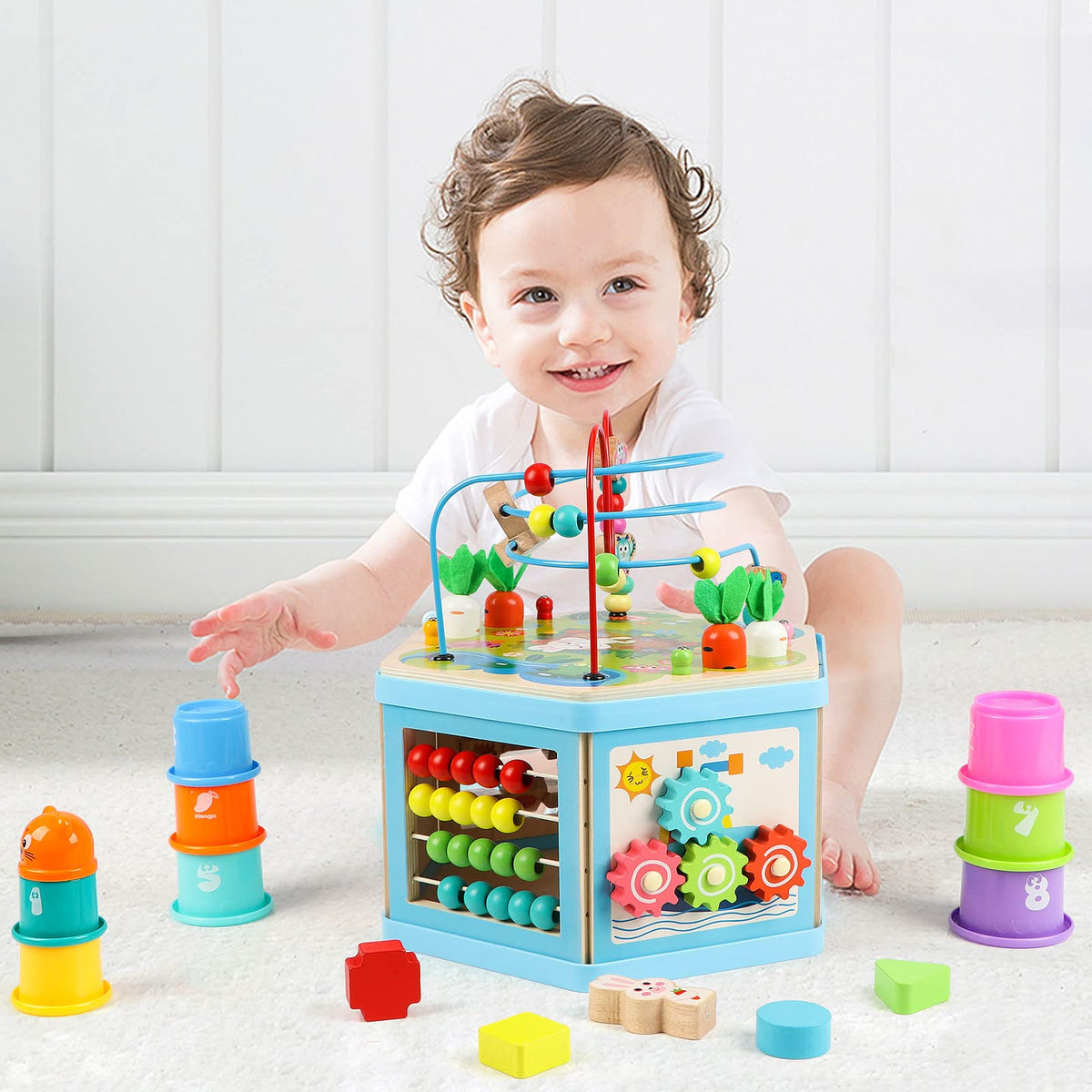 Vomocent wooden activity cube beading box doubles as a stool during playtime
