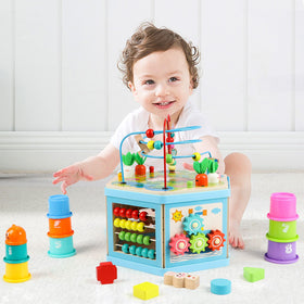 Vomocent wooden activity cube beading box doubles as a stool during playtime