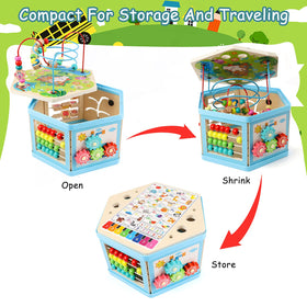 Vomocent wooden activity cube clock dial demonstrates time concepts playfully