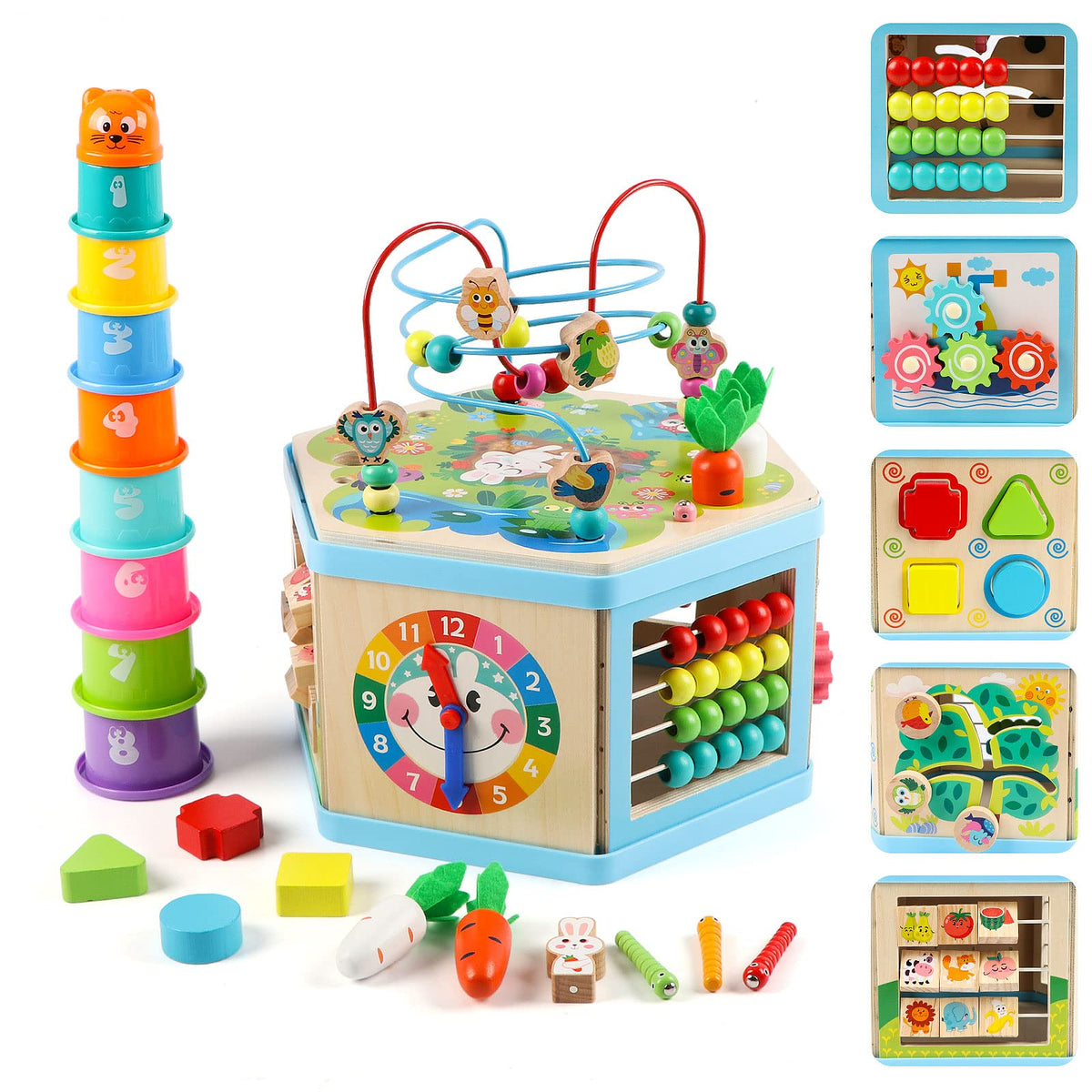 Vomocent wooden activity cube front view showcasing diverse learning stations for toddlers