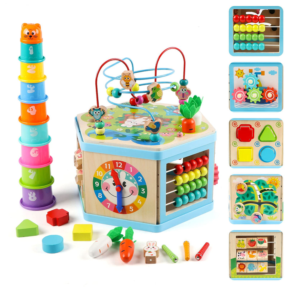 Vomocent wooden activity cube front view showcasing diverse learning stations for toddlers