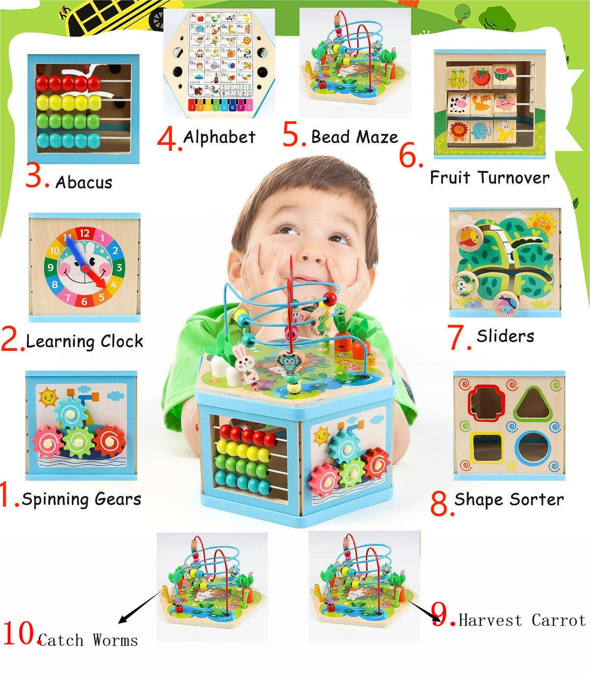 Vomocent wooden activity cube rotating gears encourages problem solving through exploration