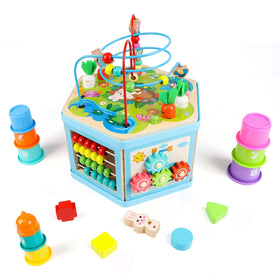 Vomocent wooden activity cube side view with sliding animals promoting fine motor play