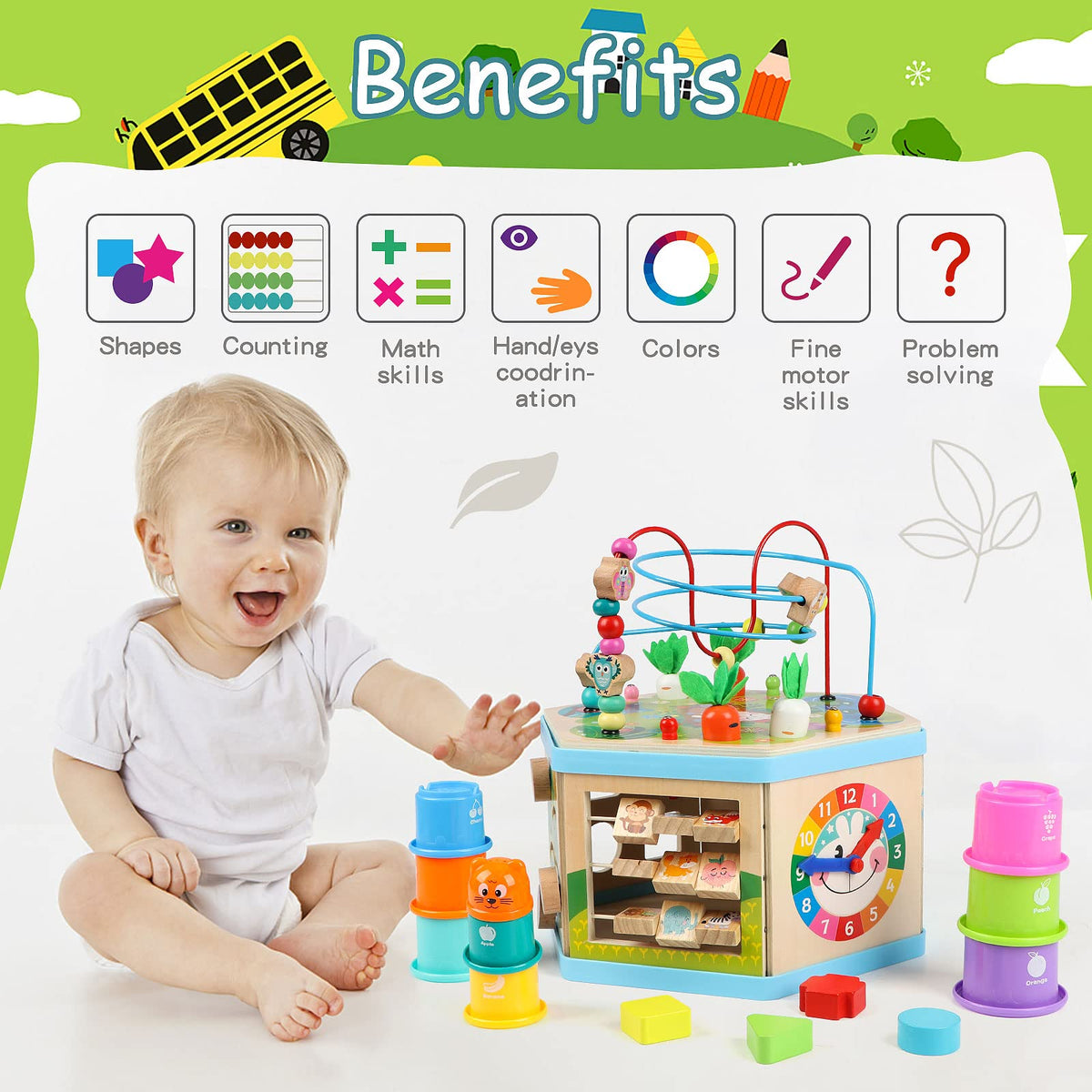 Vomocent wooden activity cube smooth edges highlight safe, child-friendly design