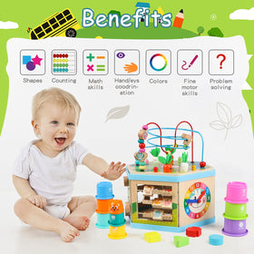 Vomocent wooden activity cube smooth edges highlight safe, child-friendly design